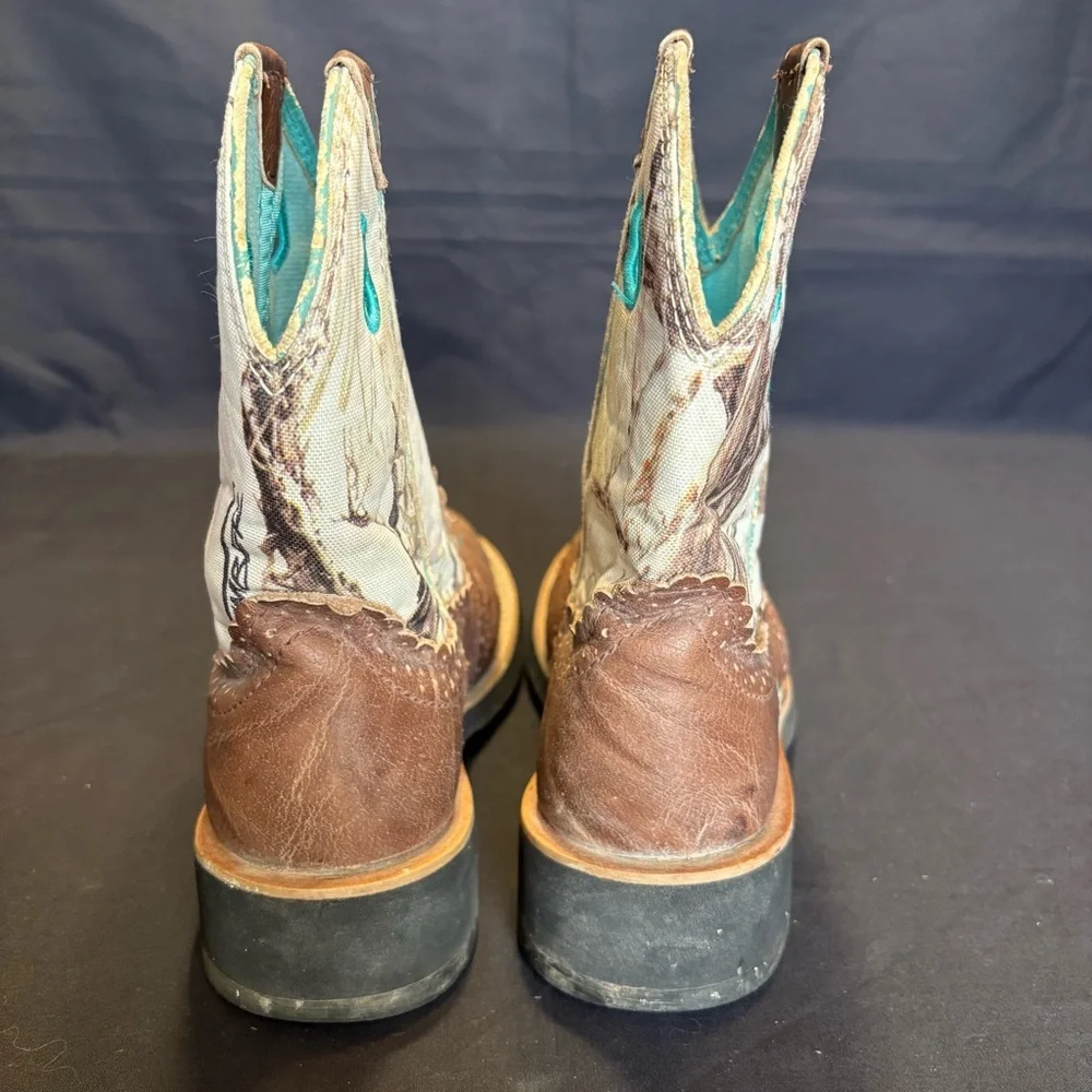 Ariat Fatbaby Youth 6.5B Western Pull-On Boots Brown Camo Teal Accents 10009503